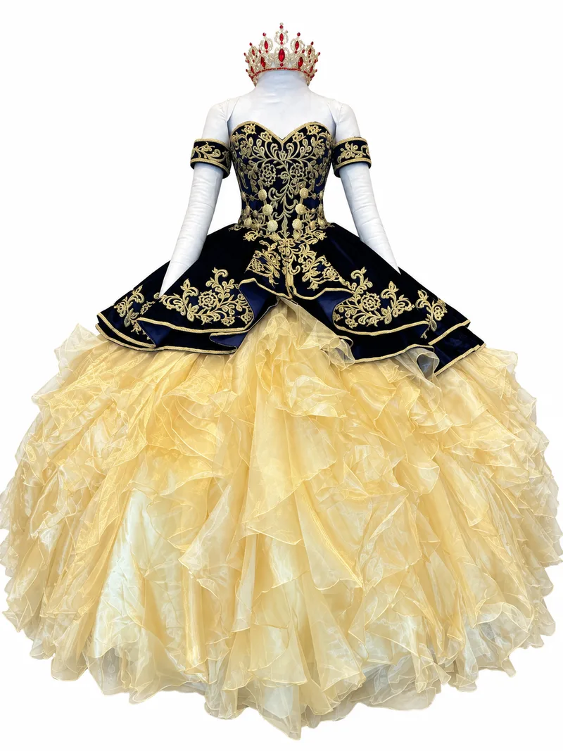Vestido real de terciopelo y volantes dorados