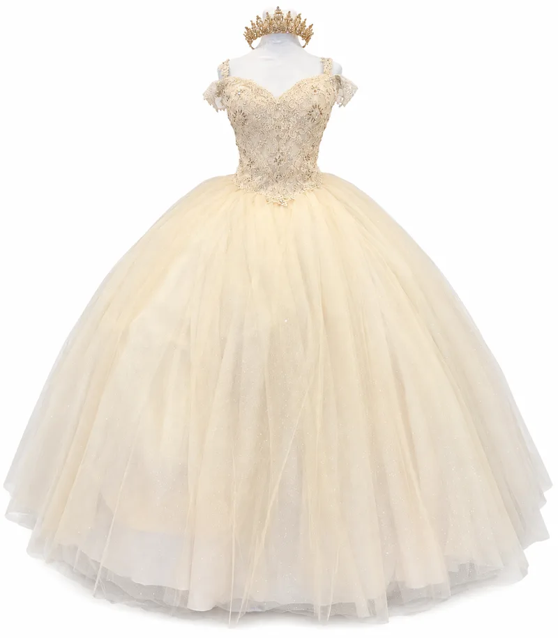Vestido de gala champán con corona dorada