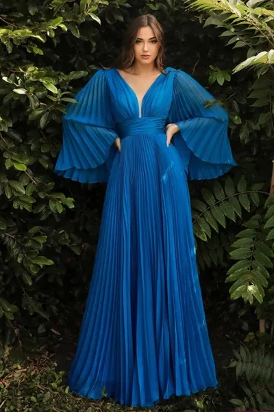 Vestido de Gala en tela de Chifon de mangas largas y falda corte A