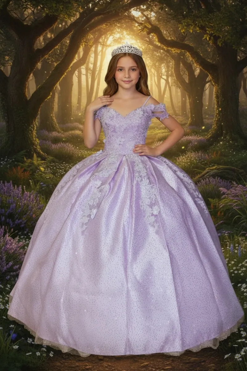 Vestido Petit corte princesa Off Shoulder decorado con apliques de Flores en 3D