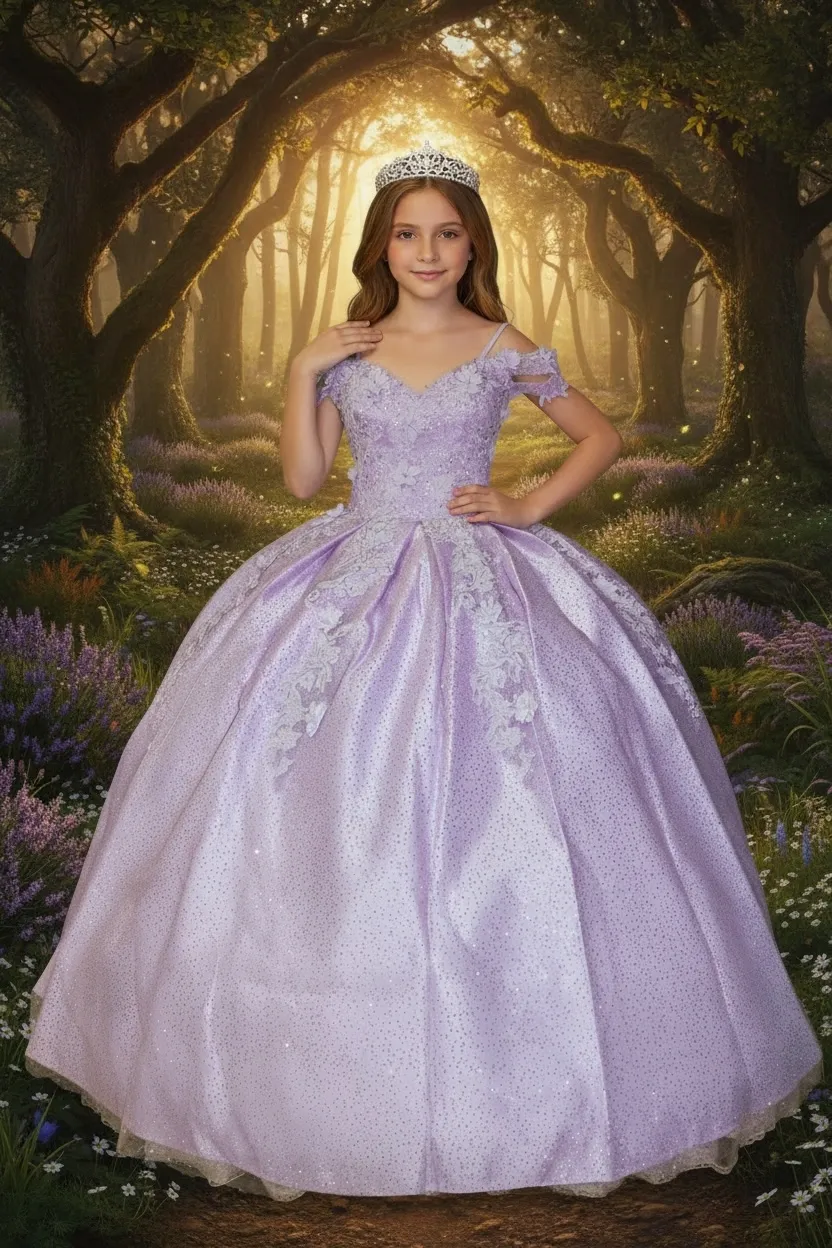 Vestido Petit corte princesa Off Shoulder decorado con apliques de Flores en 3D